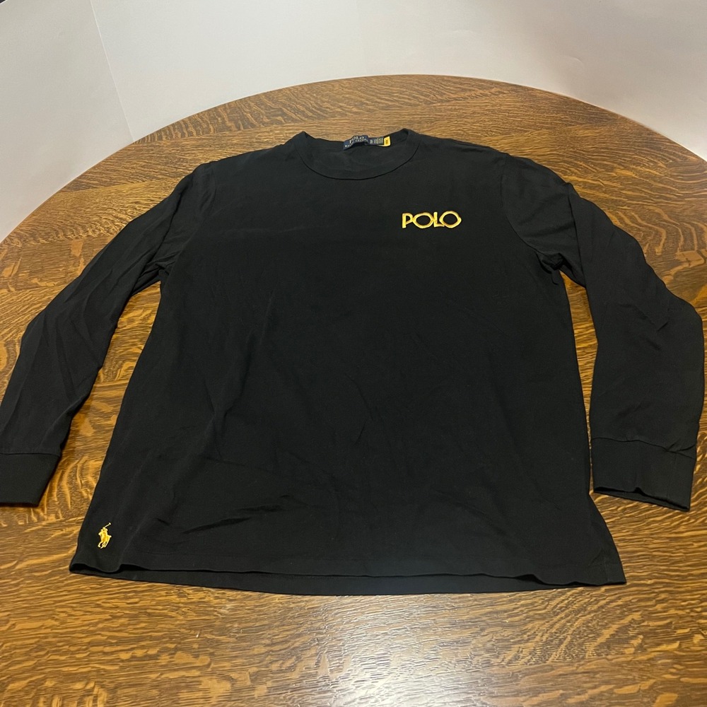 Polo Ralph Lauren T-Shirt Mens XL Black Gold Logo Long Sleeve Cotton Shirt